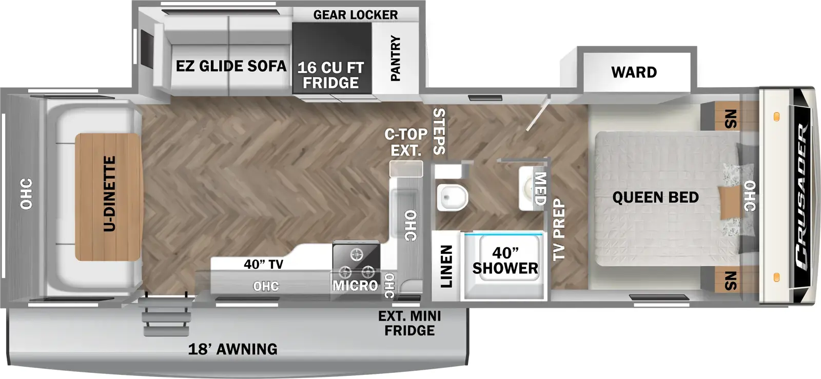 The 275RDD has two slideouts  and one entry. Exterior features an 18 foot awning and exterior mini refrigerator. Interior layout front to back: foot-facing queen bed with overhead cabinet and night stands on each side, an off-door side wardrobe slideout, and TV prep along inner wall at foot of bed; door side full bathroom with medicine cabinet and linen closet; steps down to main living area; off-door side slideout with pantry and refrigerator with gear locker behind, and EZ glide sofa; kitchen counter with extension and sink wraps from inner wall to door side with overhead cabinet, microwave, cooktop, TV and entry; rear u-dinette with overhead cabinet.